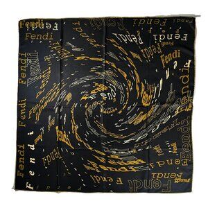 Fendi Silk Scarf – Black with Olive & Gold Script Logo Print